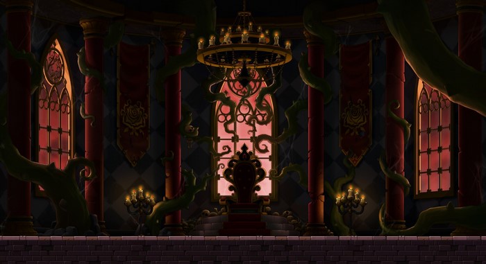 Throne room with vines and stained glass window in MapleStory