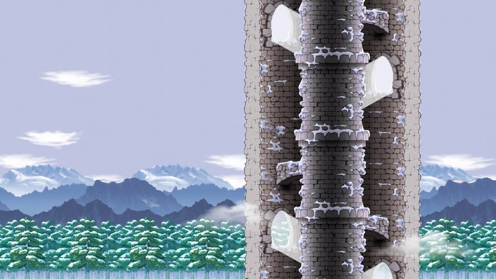 Snowy tower in MapleStory with winter landscape