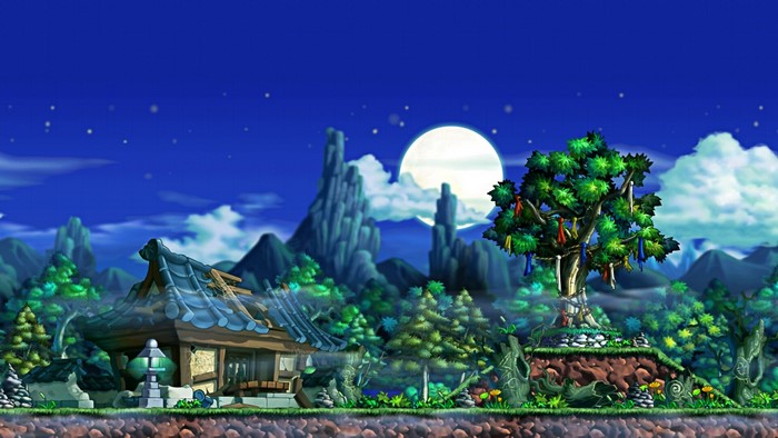 MapleStory night landscape with traditional house and tree