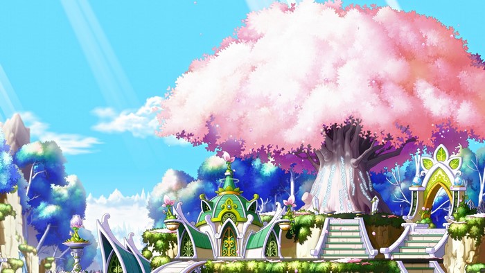 MapleStory Elven Village with Cherry Blossom Tree
