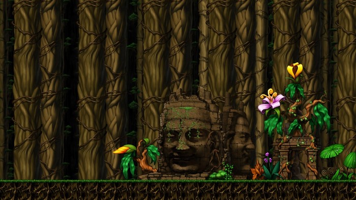 Video game art of a jungle ruin with stone faces