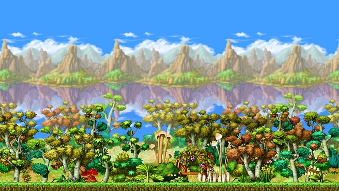 MapleStory landscape with mountains and forest