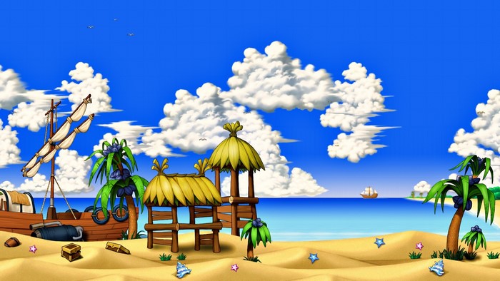 Beach scene with a ship and huts from MapleStory
