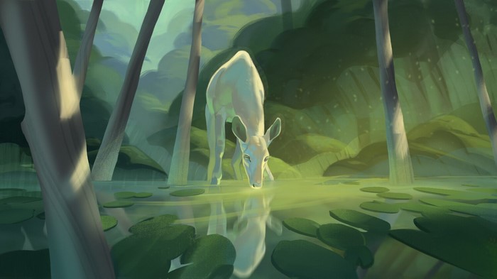 White deer drinking water in a forest with lily pads
