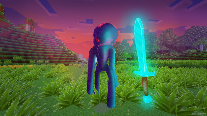 Pixel art monster holding a glowing sword in a video game landscape
