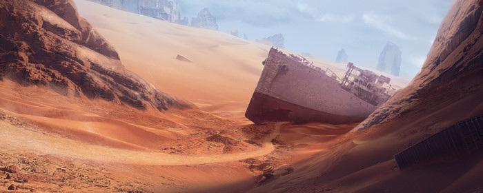 Shipwreck in a futuristic desert landscape