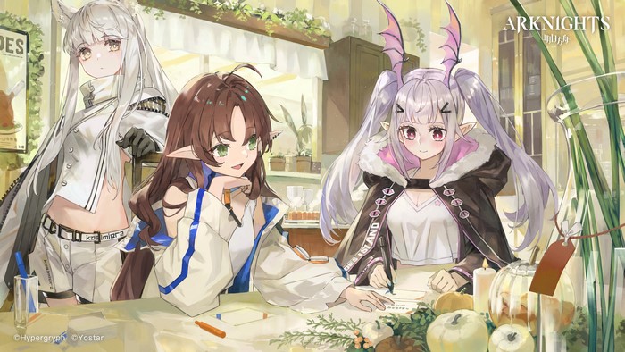 Arknights characters Platinum, Manticore, and Kobuta indoors