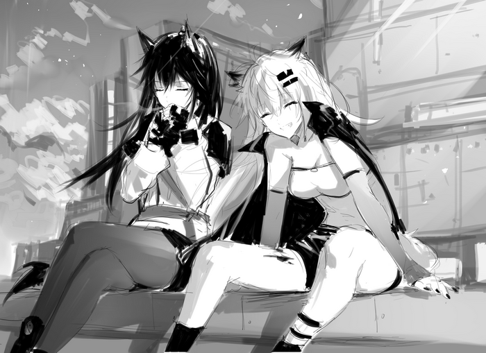 Texas and Lappland from Arknights sitting