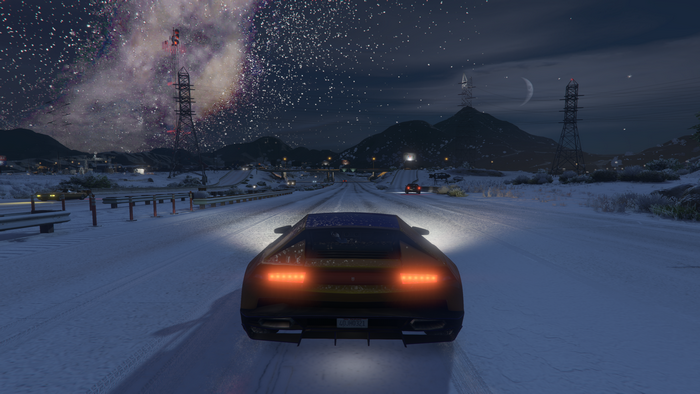 4K Grand Theft Auto V: Lamborghini on Snowy Highway at Night