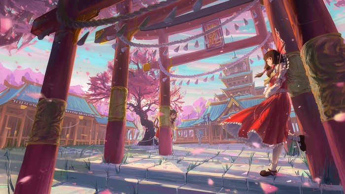 Hakurei Reimu from Touhou at a shrine with cherry blossoms