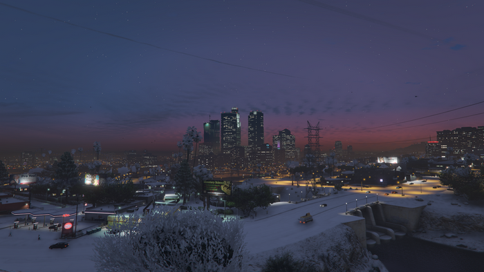 4K snow scene in Grand Theft Auto V Los Angeles at sunset