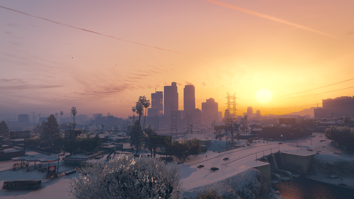 4K screenshot of Los Angeles in Grand Theft Auto V during sunset with snow