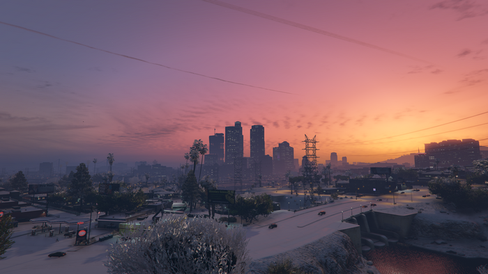 4K sunset over Los Angeles with snow in Grand Theft Auto V