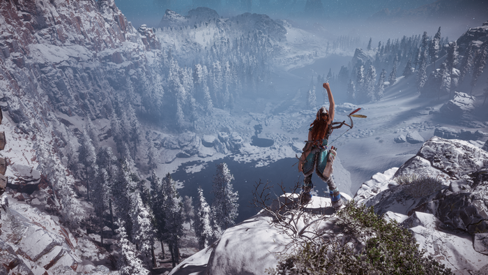 Aloy from Horizon Zero Dawn in a snowy landscape