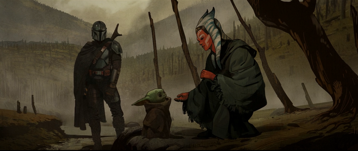 The Mandalorian, Ahsoka Tano, and Grogu in a forest