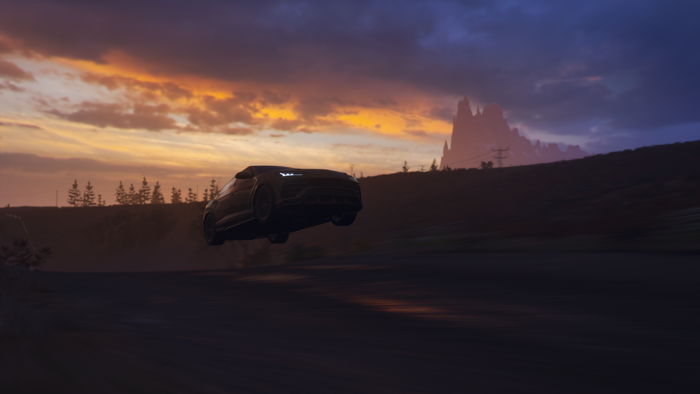 Car jumping over a road during sunset in Forza