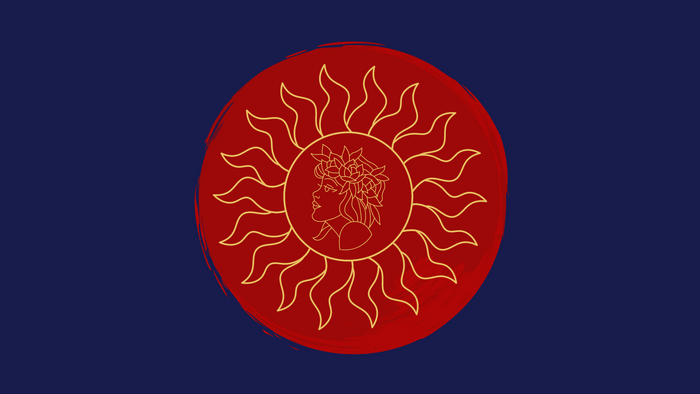 Sun with woman's profile and flowers