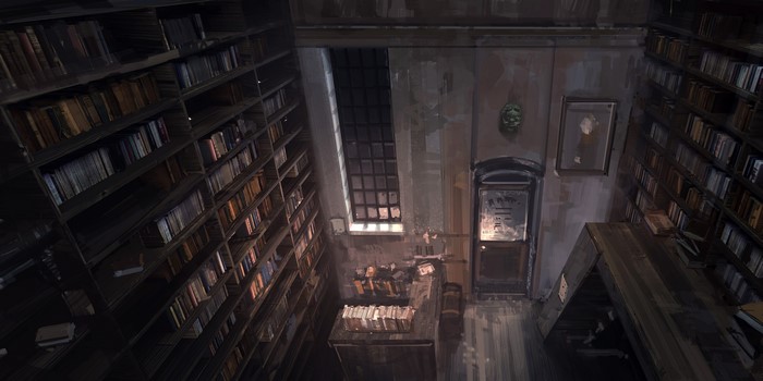 Interior of a dimly lit library with bookshelves and a window