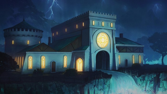 Fantasy castle with lightning and waterfall by Romain Defelix