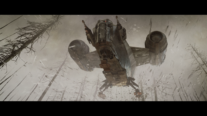 The Mandalorian's Razor Crest flying through a forest