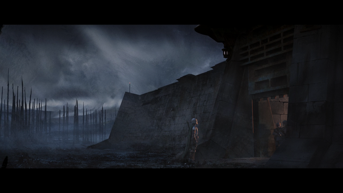 The Mandalorian in a desolate landscape