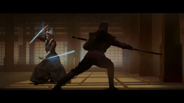 Ahsoka Tano from Star Wars duels an opponent