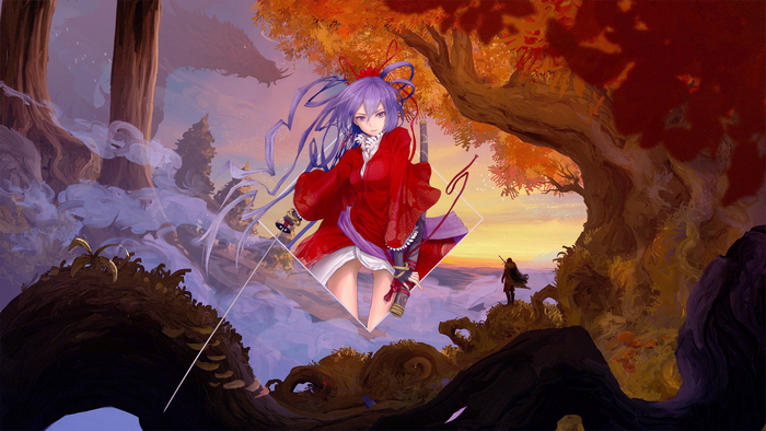 Anime girl in red dress with katana in fantasy landscape