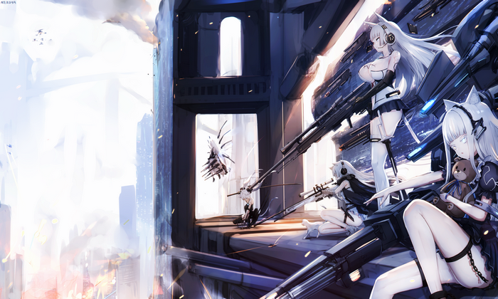 Anime girls with sniper rifles in a futuristic city