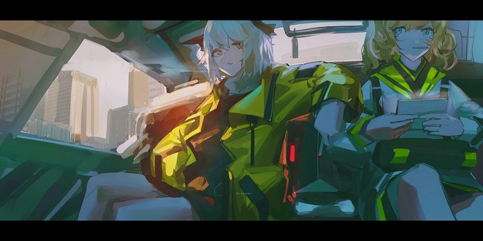 Two anime girls in a car interior