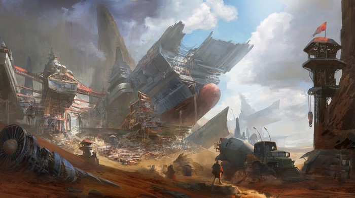 Science fiction artwork of a futuristic junkyard with crashed ships