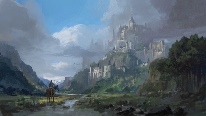 Fantasy castle on a hill with a knight on horseback