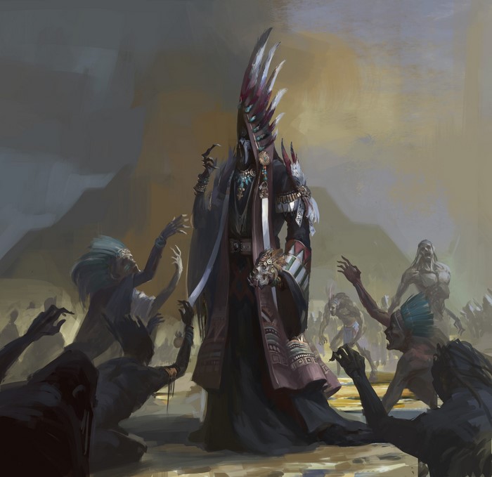 Fantasy artwork of a shaman surrounded by undead