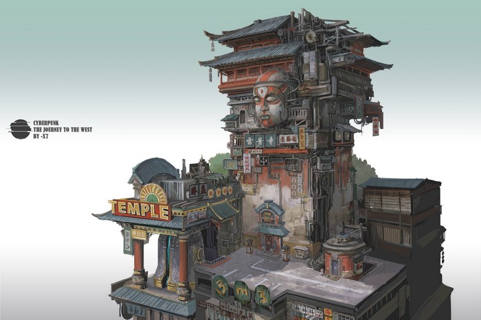 Cyberpunk Temple Building Artwork