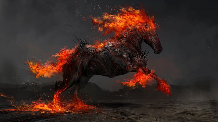 Fiery horse artwork with dark background