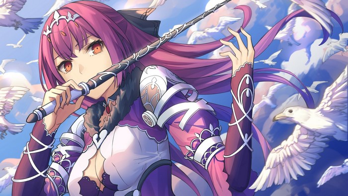 Skadi from Fate/Grand Order playing a flute with birds