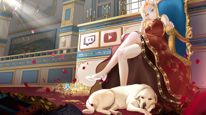 Anime girl on throne with dog and gaming items