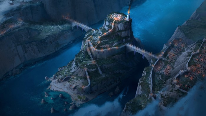 Digital art of a fortified city on a mountain island connected by bridges