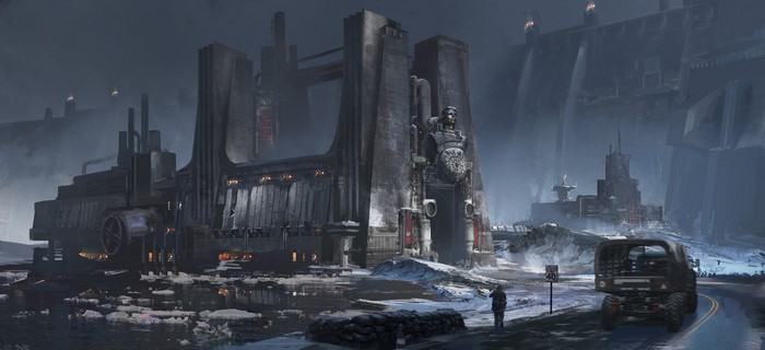 Futuristic industrial complex in a snowy landscape