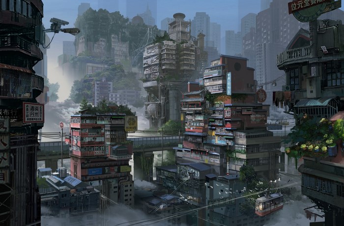 Futuristic cyberpunk cityscape with dense buildings and fog