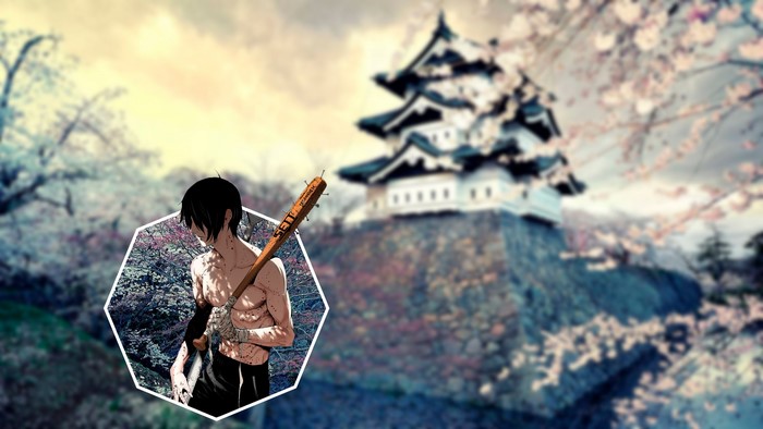 Anime boy with baseball bat in front of Japanese castle