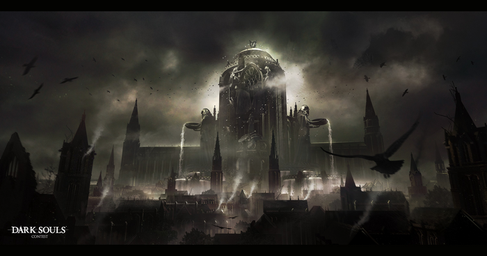 Dark Souls concept art of a dark, gothic city