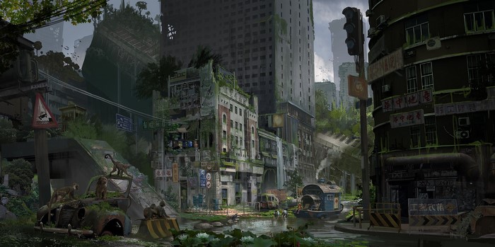 Post-apocalyptic city overgrown with nature and inhabited by monkeys