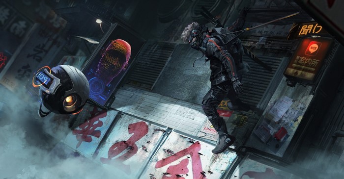 Cyberpunk character with drone and futuristic city