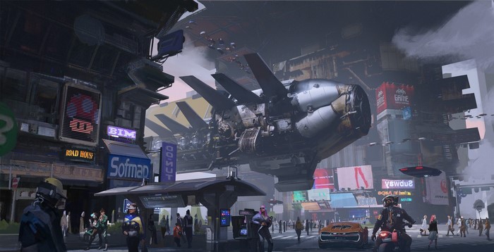 Futuristic cityscape with flying aircraft and billboards