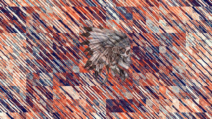 Skull wearing Native American headdress on abstract background