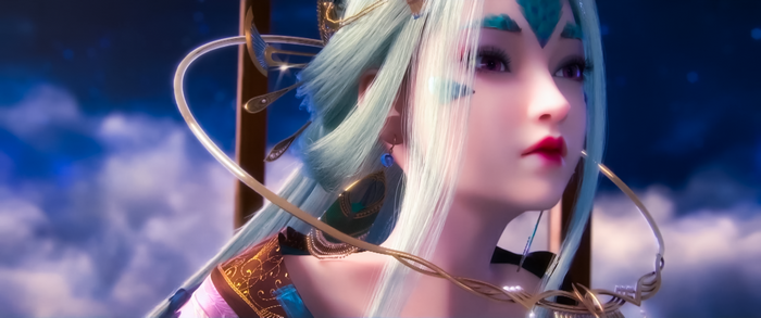Digital art of a fantasy woman with blue hair
