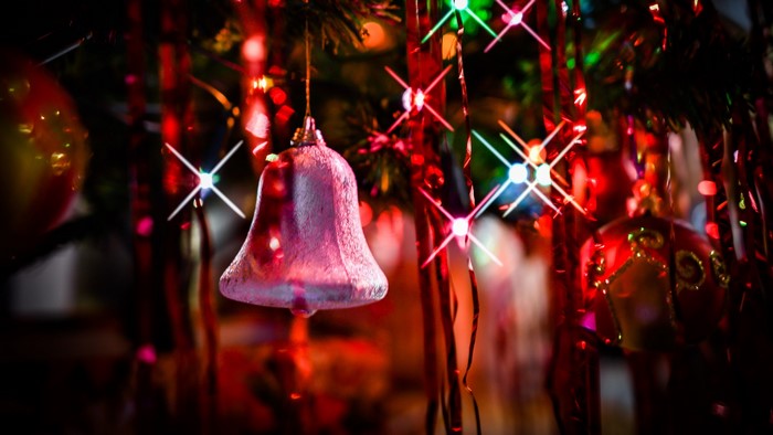 Christmas ornaments and lights on a tree