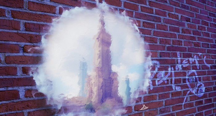 Digital art of a skyscraper through a smoky portal on a brick wall