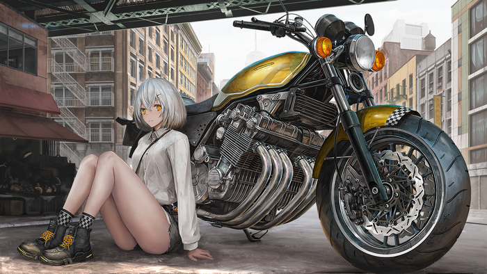 Anime girl with silver hair and yellow eyes sitting by a motorcycle