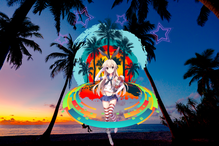 Anime girl on a beach with palm trees and abstract art
